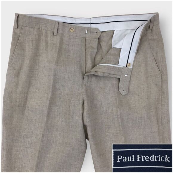 PAUL FREDRICK Mens Casual Pants Linen Trousers Size 42 x‎ 29 Beige Flat Front - Picture 1 of 8